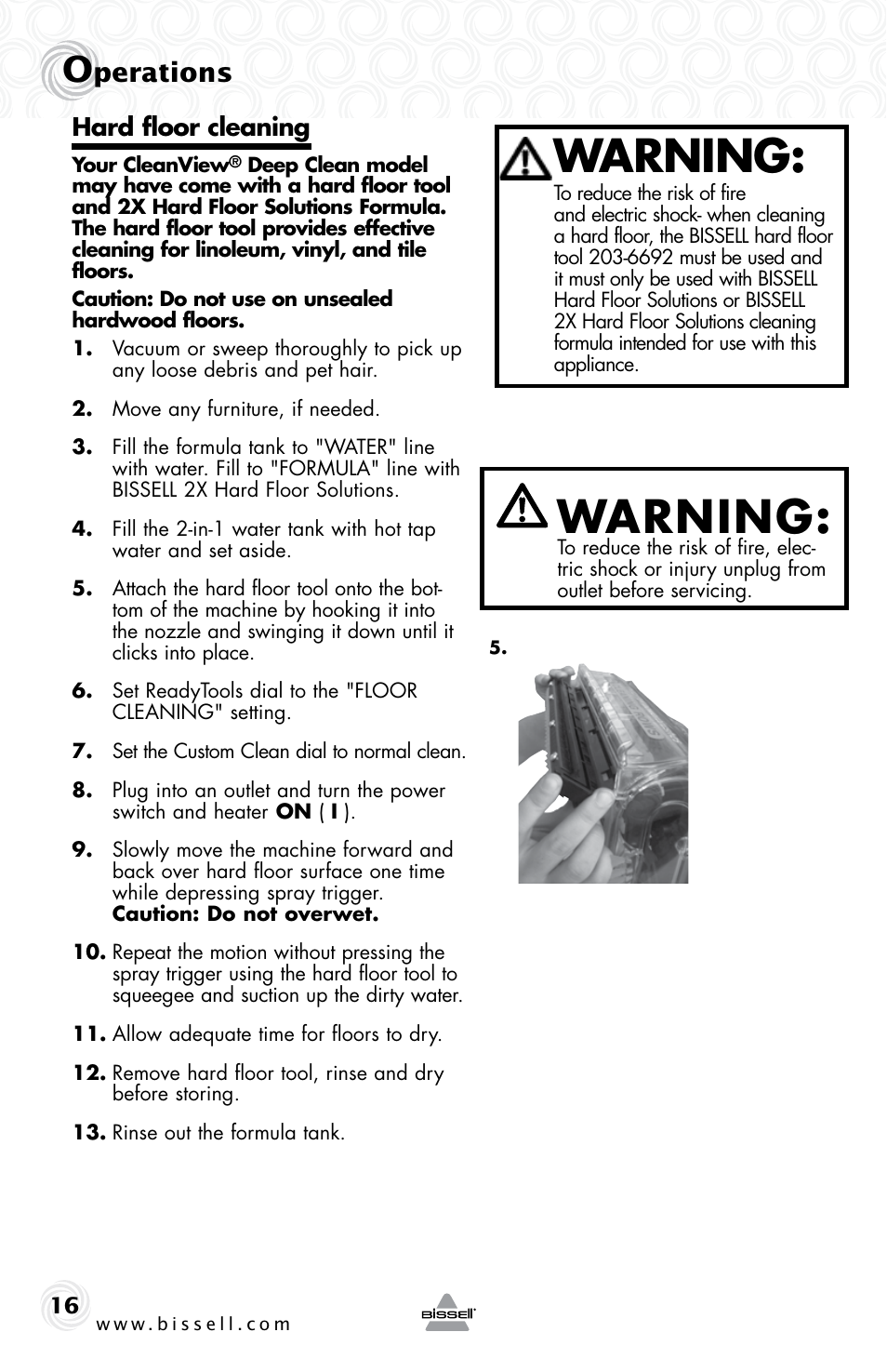 Warning, Perations, Hard floor cleaning | Bissell 18Z7E User Manual | Page 16 / 24
