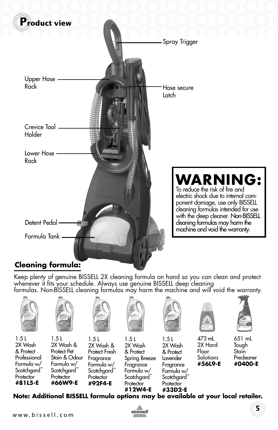 Warning, Roduct view 5, Cleaning formula | Bissell 18Z7E User Manual | Page 5 / 24