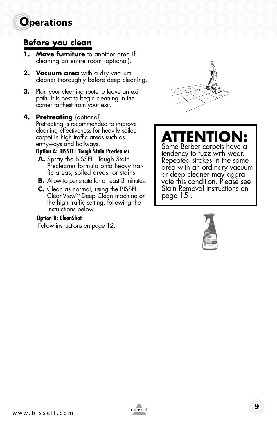 Attention, Perations, Before you clean | Bissell 18Z7E User Manual | Page 9 / 24