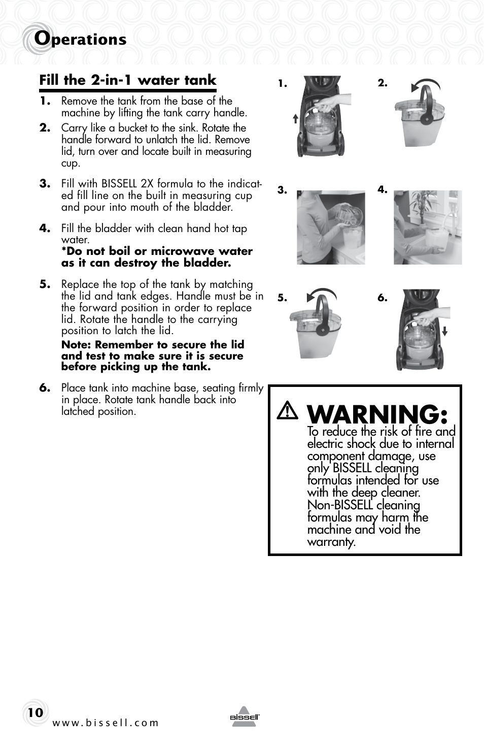 Warning, Perations | Bissell 34T2E User Manual | Page 10 / 20