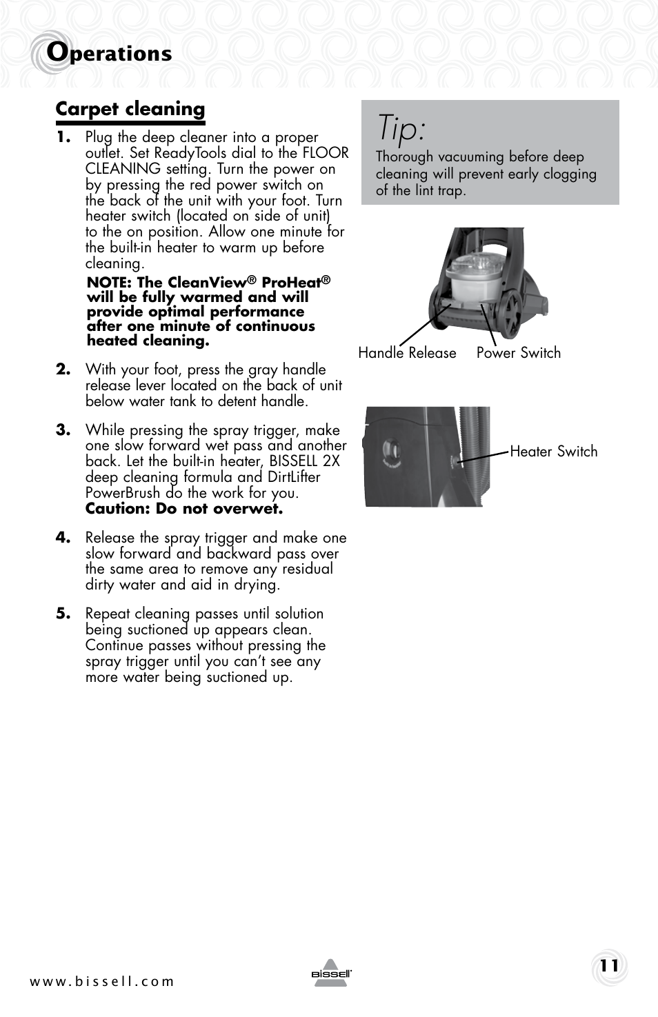 Perations, Carpet cleaning | Bissell 34T2E User Manual | Page 11 / 20