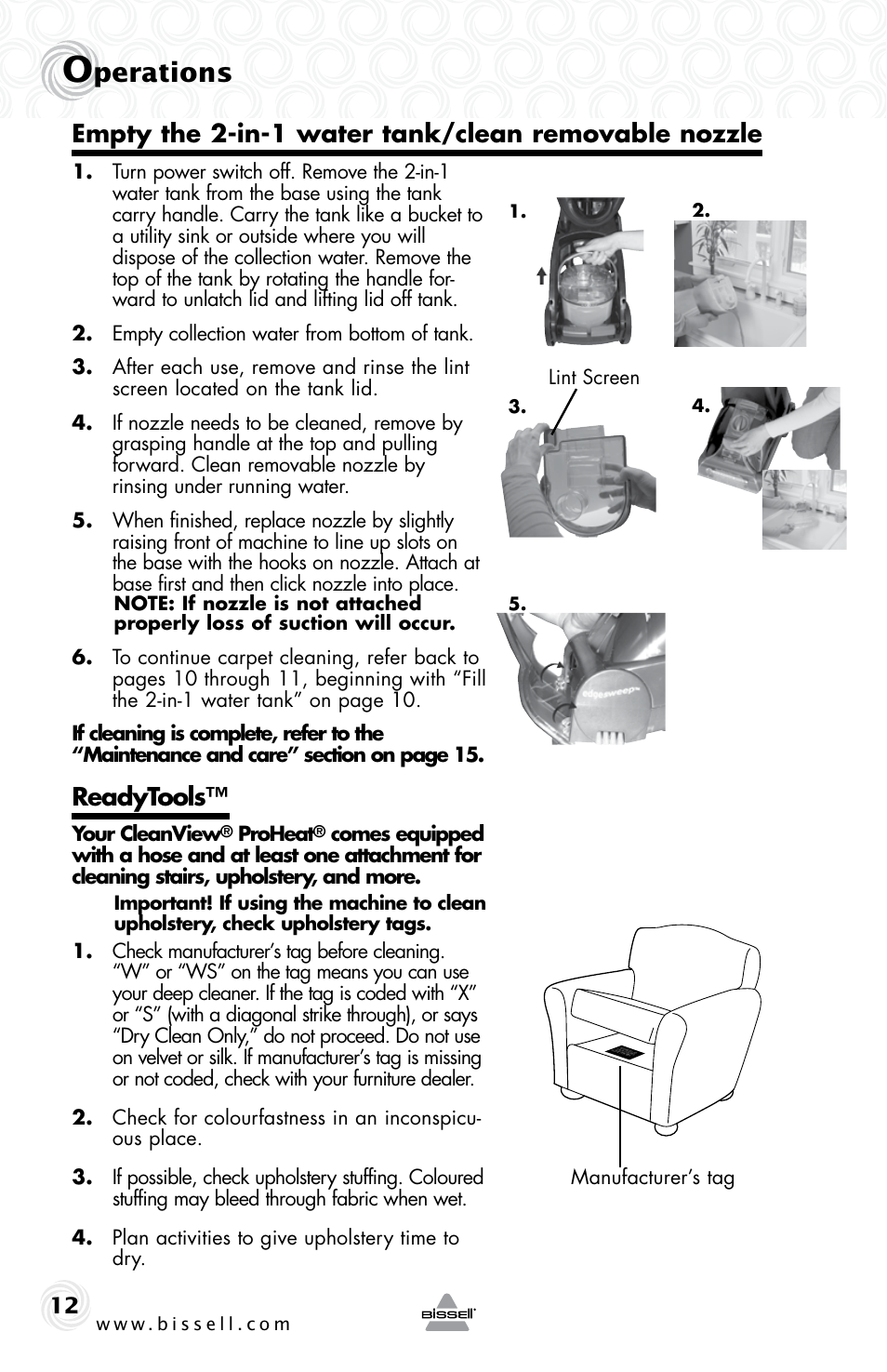 Perations, Readytools, Empty the 2-in-1 water tank/clean removable nozzle | Bissell 34T2E User Manual | Page 12 / 20
