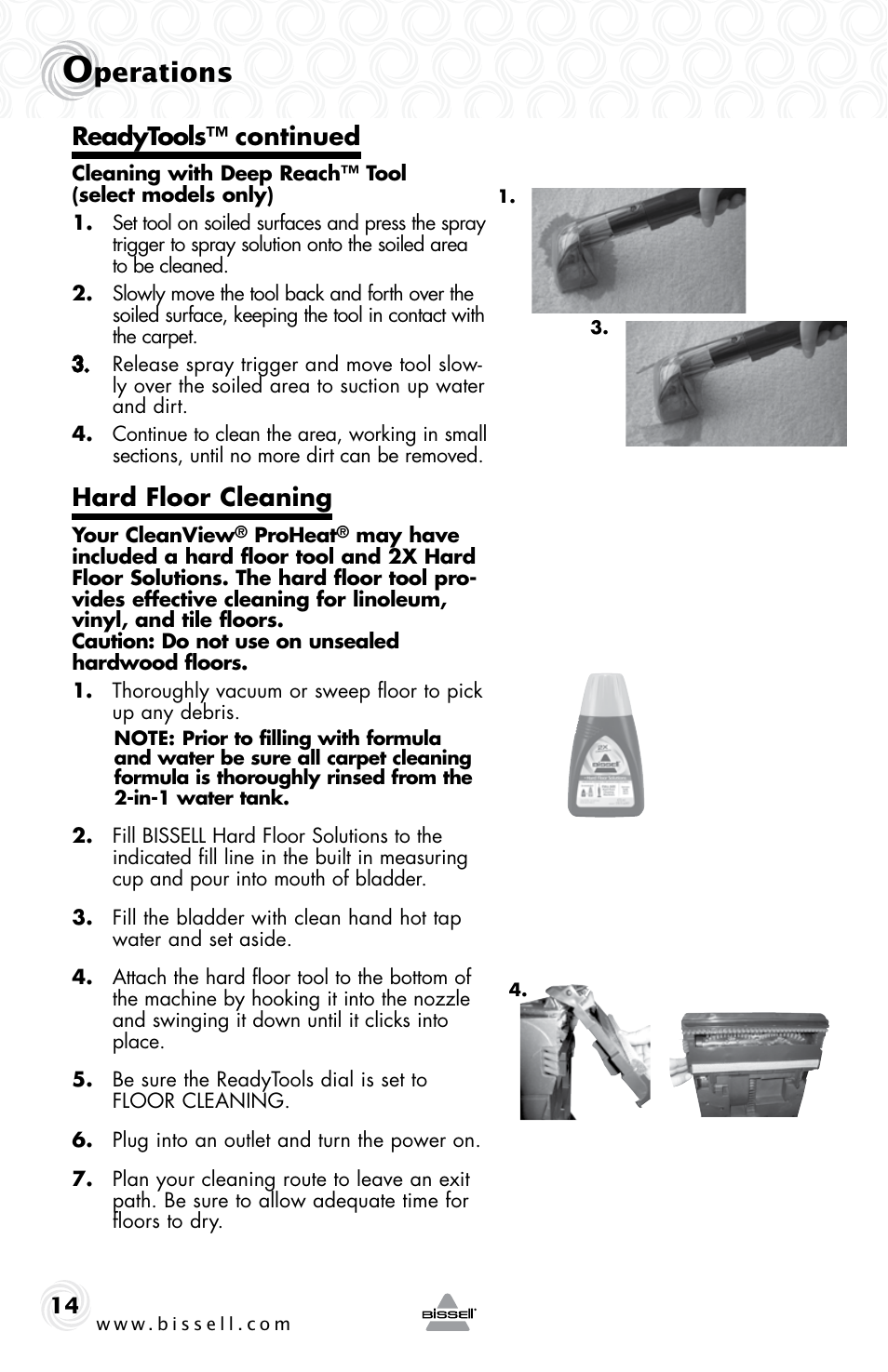 Perations, Readytools™ continued, Hard floor cleaning | Bissell 34T2E User Manual | Page 14 / 20