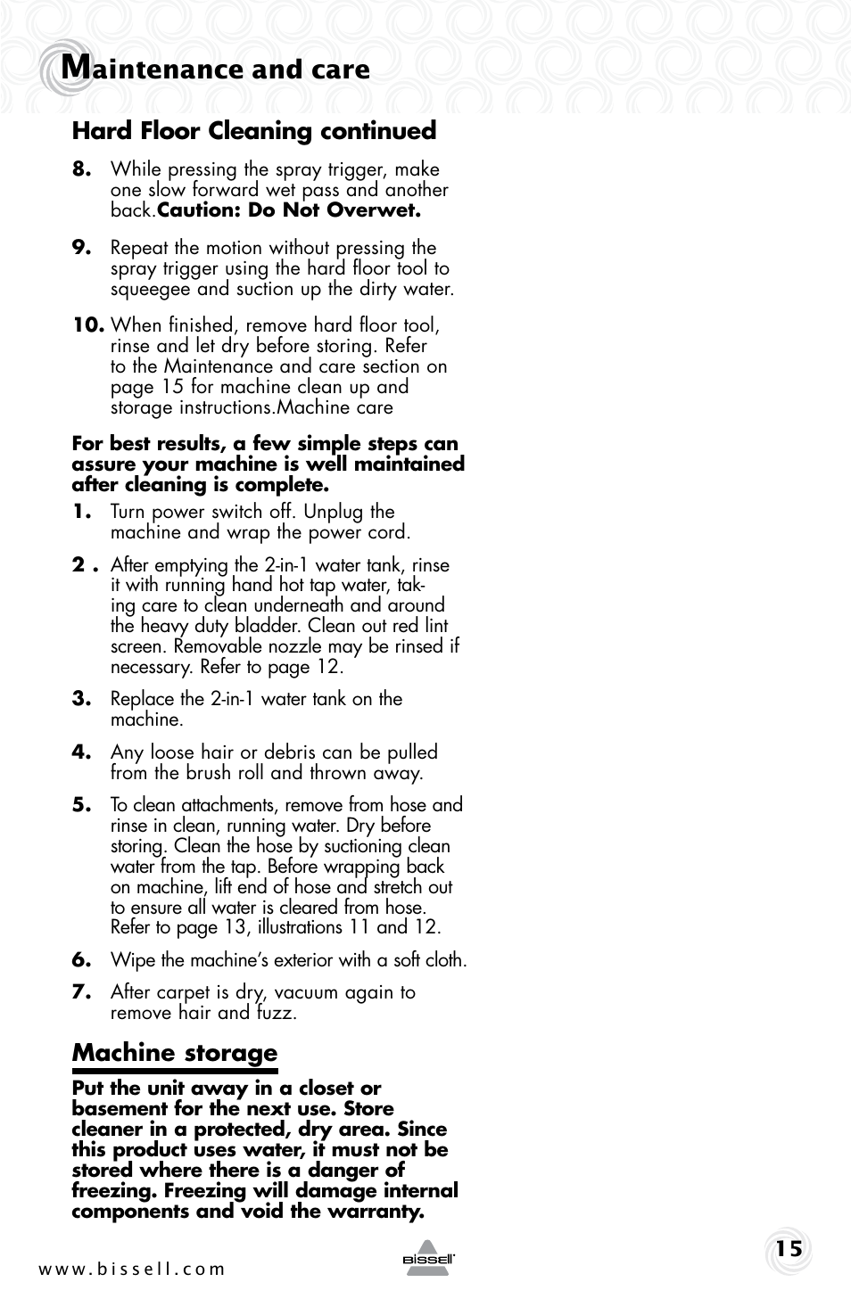 Aintenance and care, Hard floor cleaning continued, Machine storage | Bissell 34T2E User Manual | Page 15 / 20