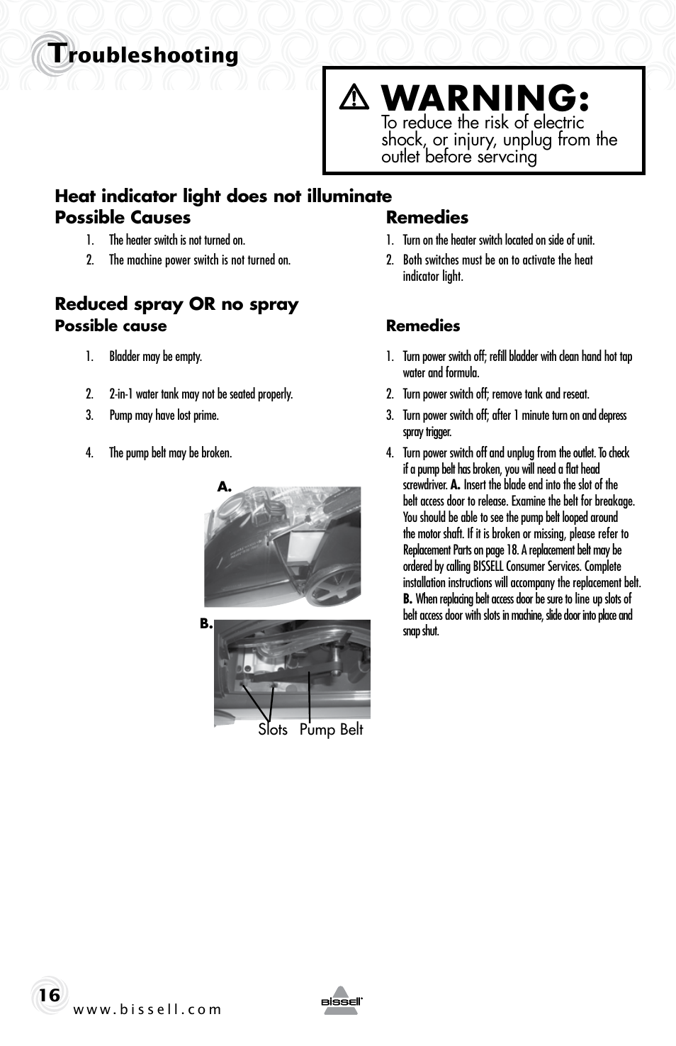 Warning, Roubleshooting | Bissell 34T2E User Manual | Page 16 / 20