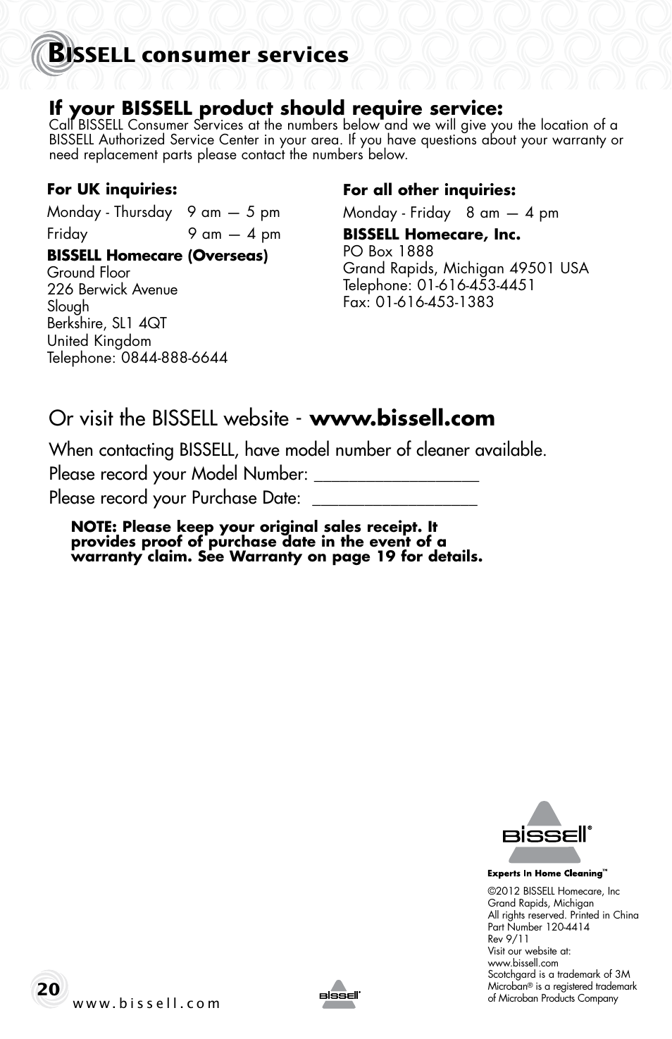 Issell consumer services, If your bissell product should require service | Bissell 34T2E User Manual | Page 20 / 20