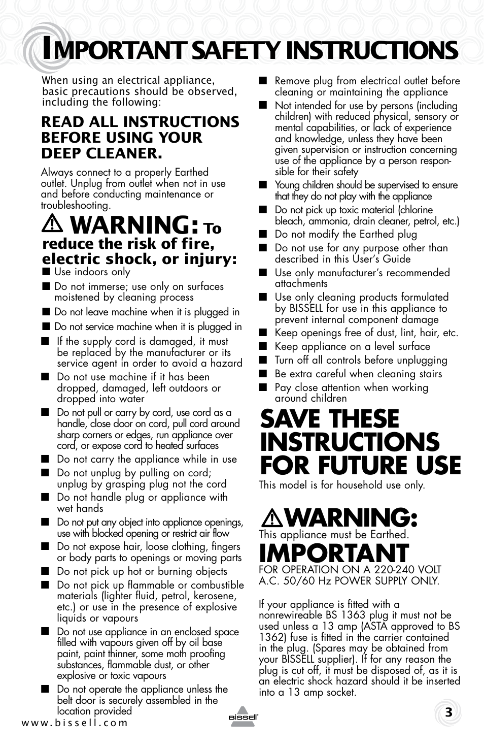 Mportant safety instructions, Warning, Save these instructions for future use | Important | Bissell 34T2E User Manual | Page 3 / 20