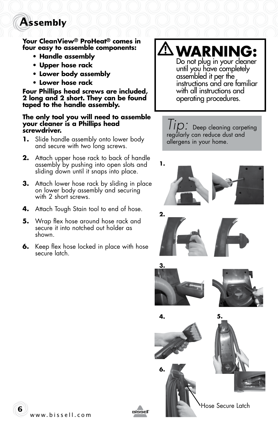 Warning, Ssembly | Bissell 34T2E User Manual | Page 6 / 20