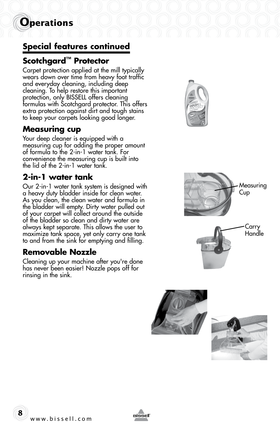 Perations, Special features continued scotchgard, Protector | Measuring cup, In-1 water tank, Removable nozzle | Bissell 34T2E User Manual | Page 8 / 20