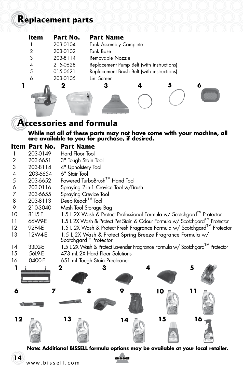 Eplacement parts, Ccessories and formula | Bissell 44L6E User Manual | Page 14 / 16