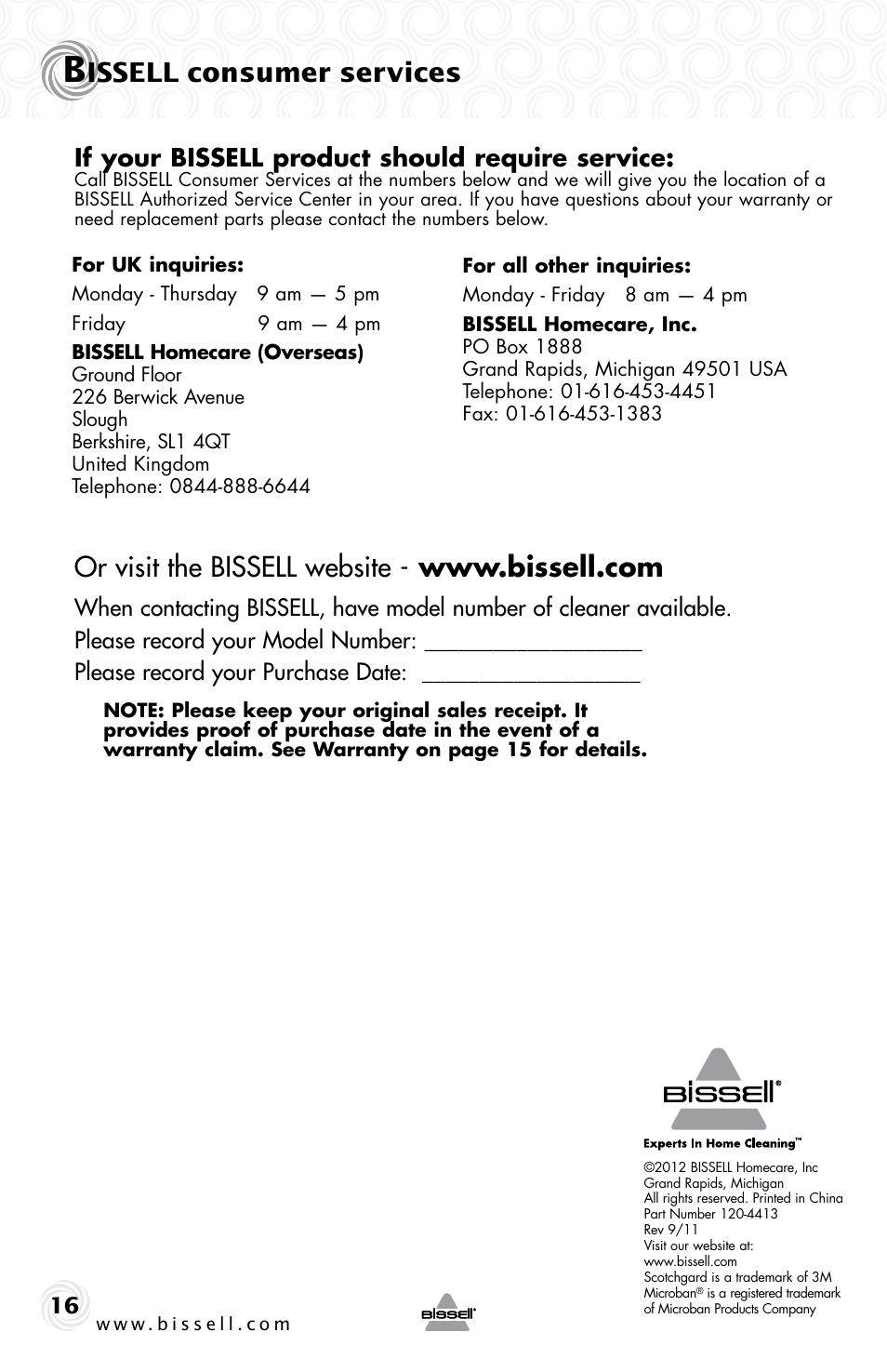 Issell consumer services, If your bissell product should require service | Bissell 44L6E User Manual | Page 16 / 16