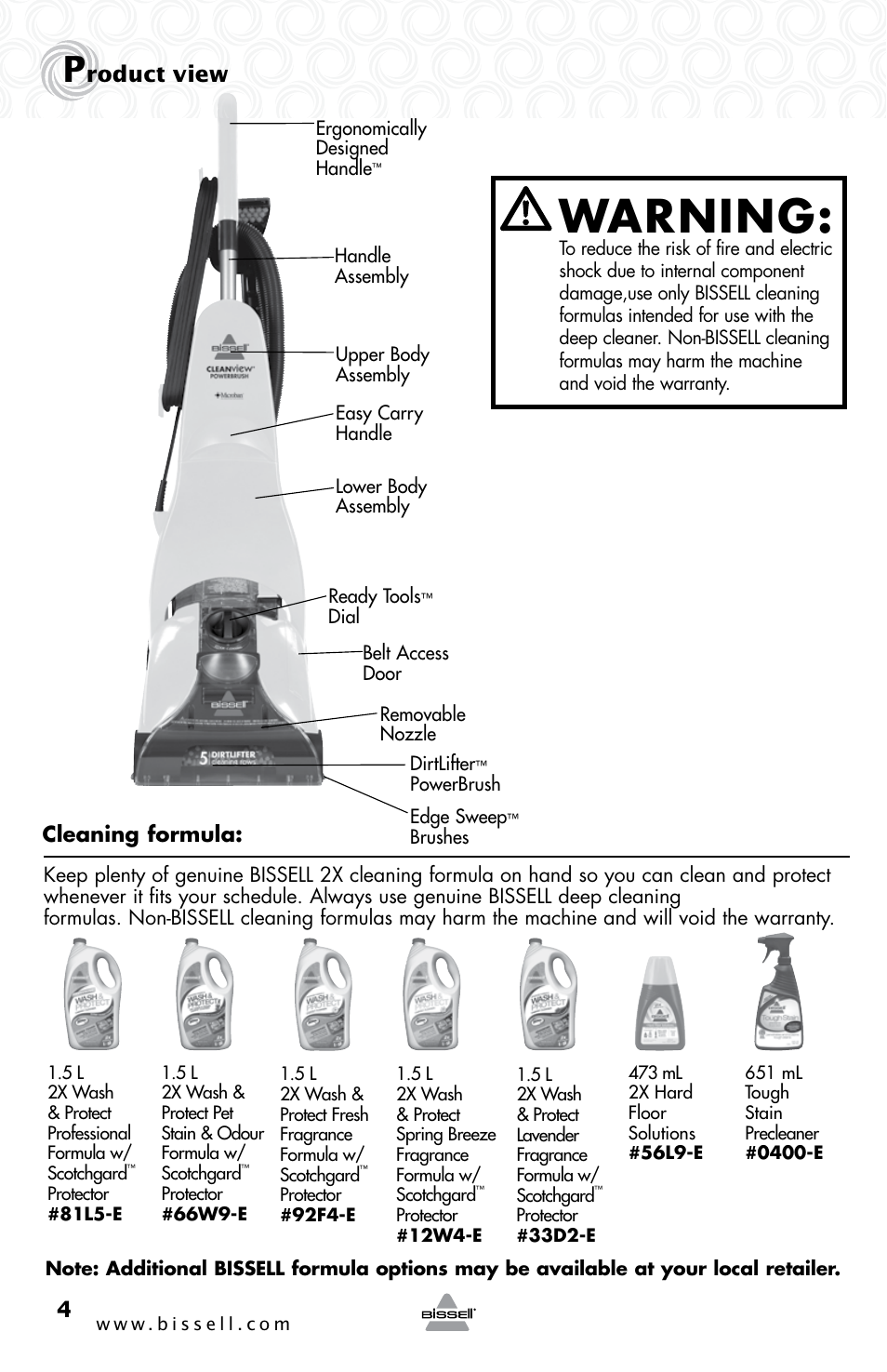 Warning, Roduct view | Bissell 44L6E User Manual | Page 4 / 16