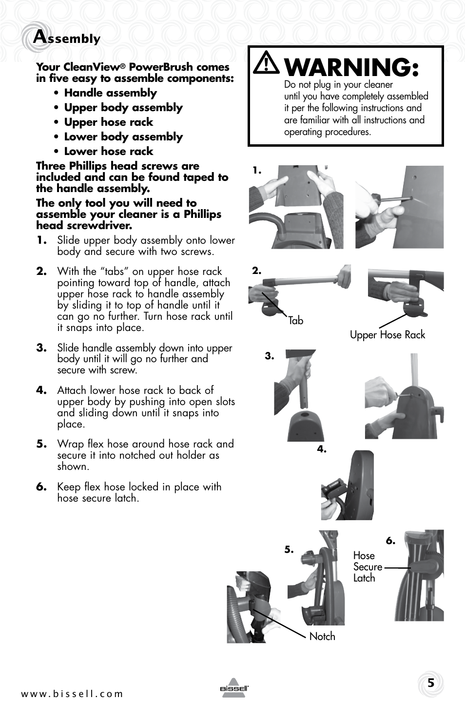 Warning | Bissell 44L6E User Manual | Page 5 / 16