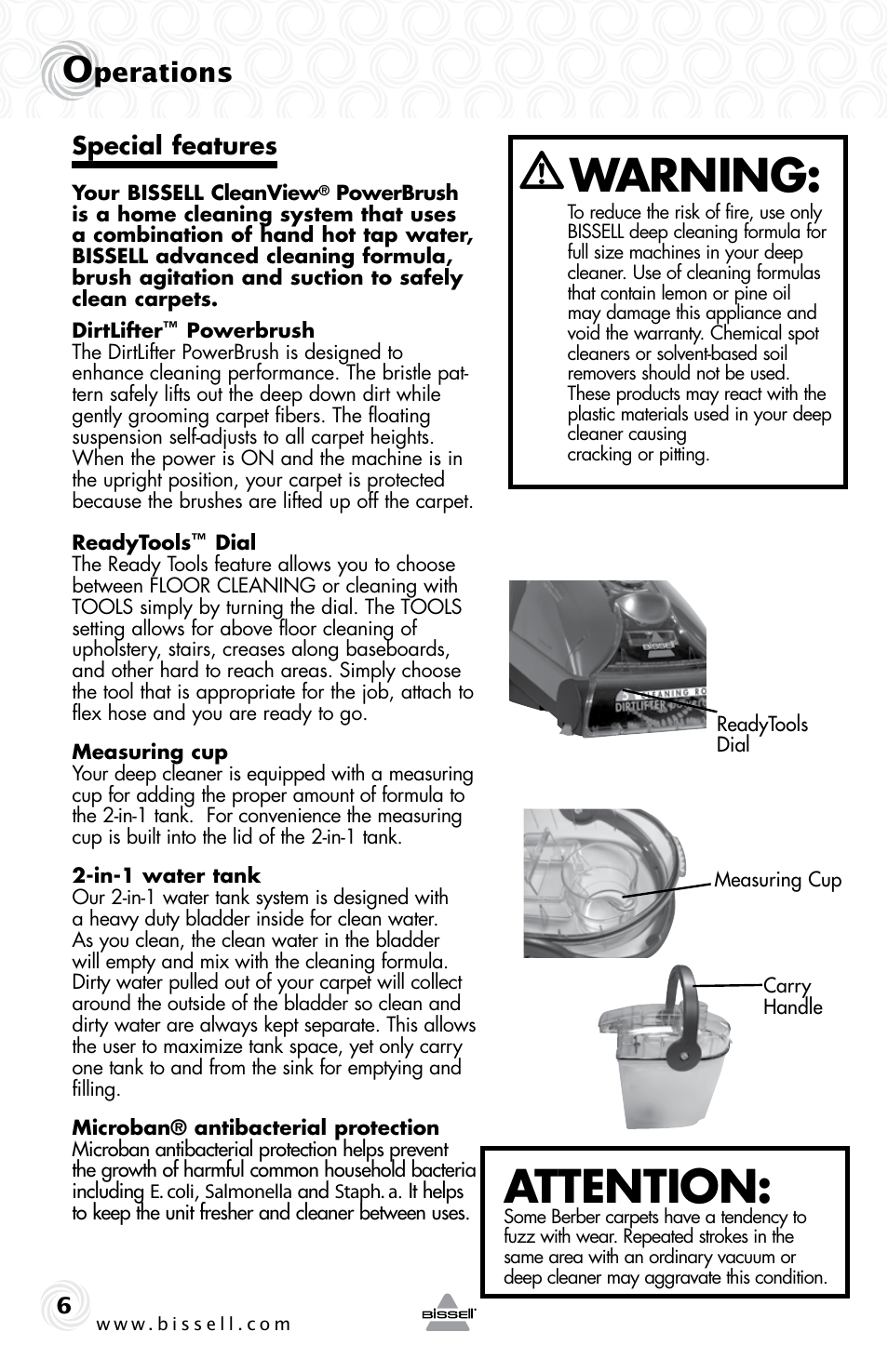 Attention, Warning, Perations | Special features | Bissell 44L6E User Manual | Page 6 / 16