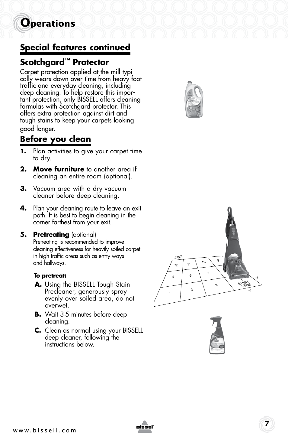 Perations, Special features continued scotchgard, Protector | Before you clean | Bissell 44L6E User Manual | Page 7 / 16