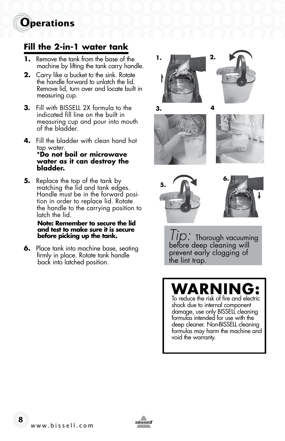 Warning, Perations, Fill the 2-in-1 water tank | Bissell 44L6E User Manual | Page 8 / 16