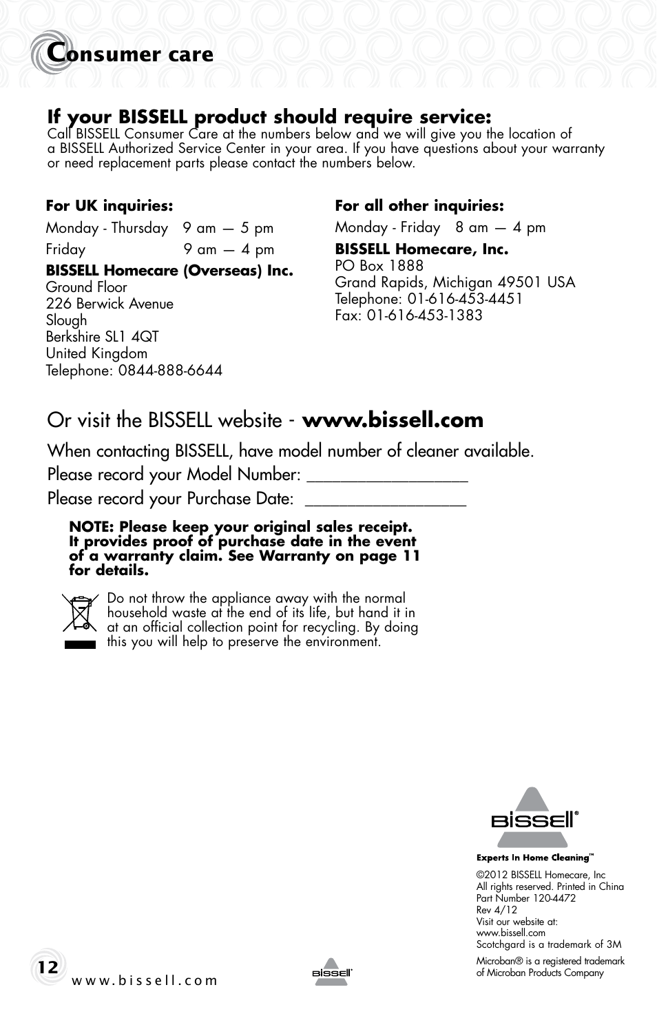 Onsumer care, If your bissell product should require service | Bissell 20W7E User Manual | Page 12 / 12