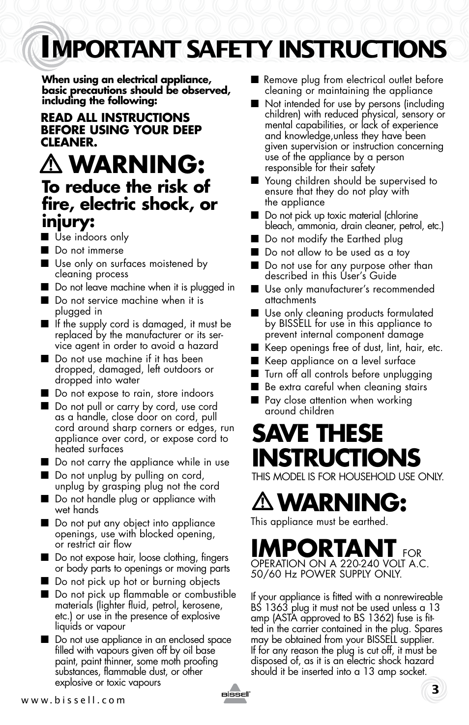 Warning, Save these instructions, Important | Mportant safety instructions | Bissell 20W7E User Manual | Page 3 / 12