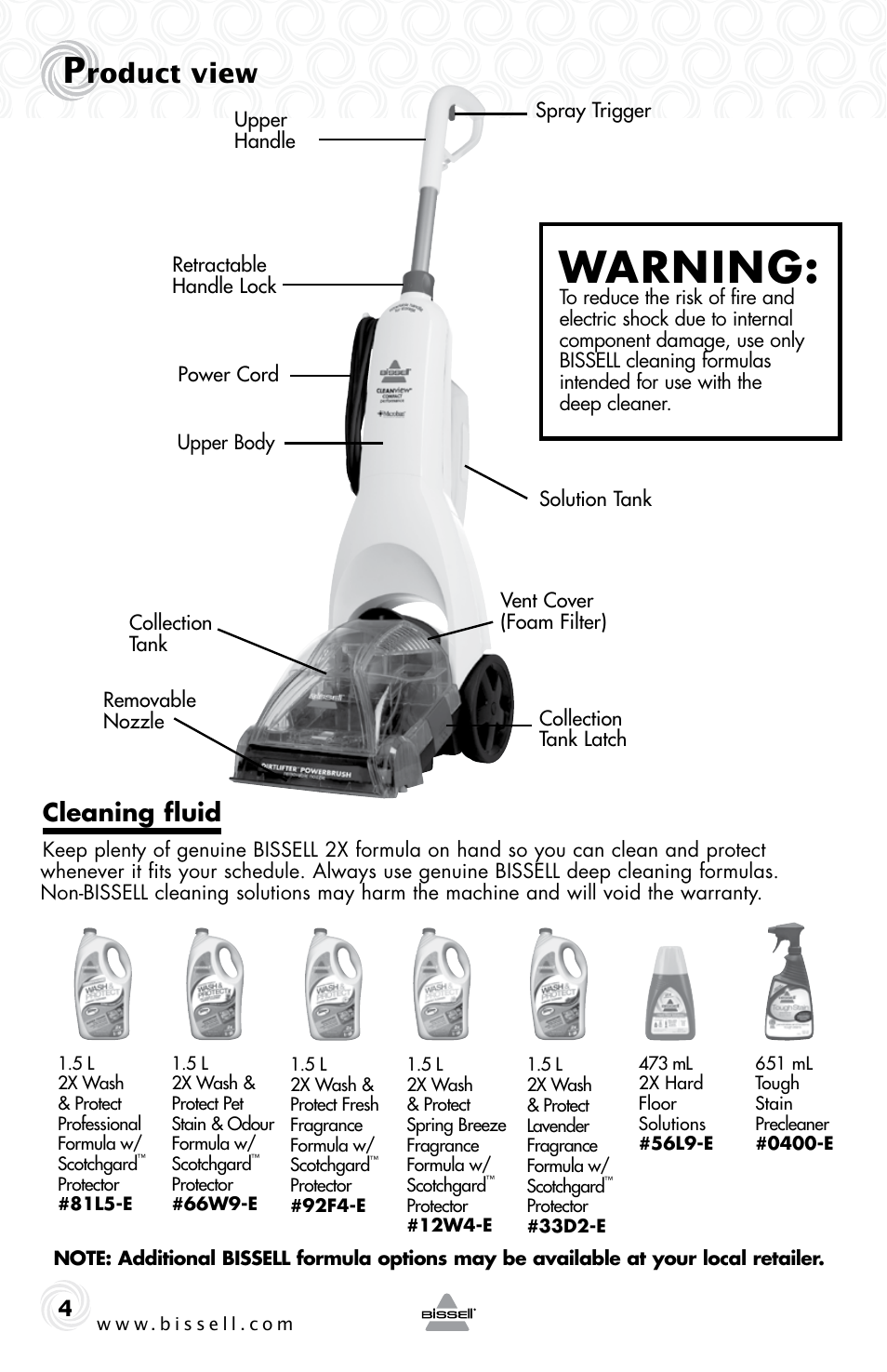 Warning, Roduct view, Cleaning fluid | Bissell 20W7E User Manual | Page 4 / 12