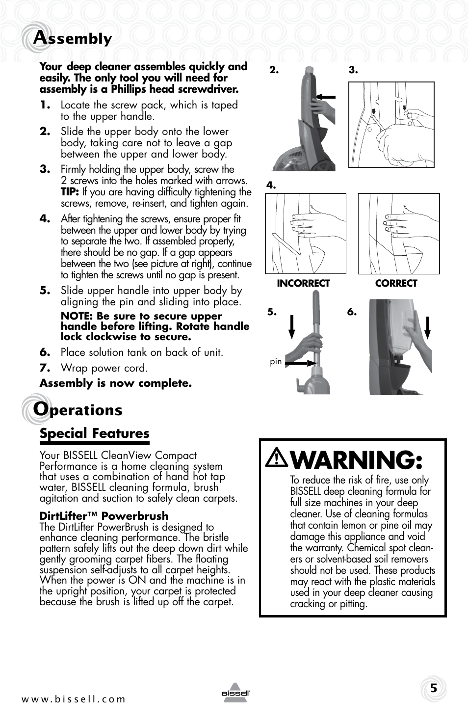 Warning, Ssembly, Perations | Special features | Bissell 20W7E User Manual | Page 5 / 12