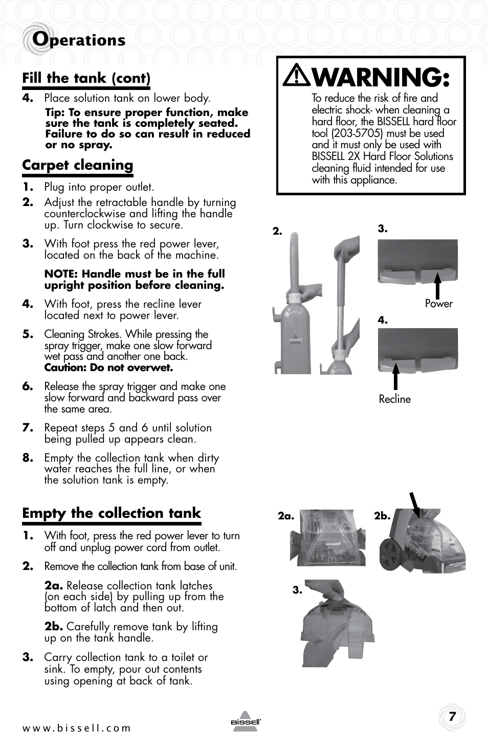 Warning, Perations, Fill the tank (cont) | Carpet cleaning, Empty the collection tank | Bissell 20W7E User Manual | Page 7 / 12