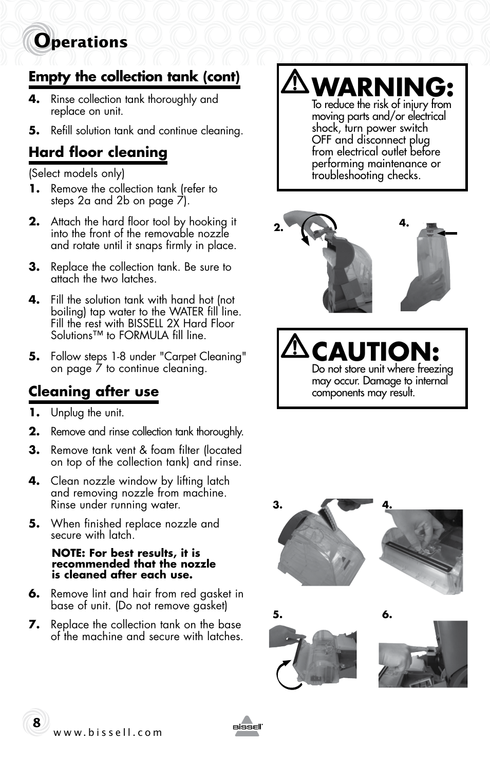 Warning, Caution, Perations | Empty the collection tank (cont), Hard floor cleaning, Cleaning after use | Bissell 20W7E User Manual | Page 8 / 12