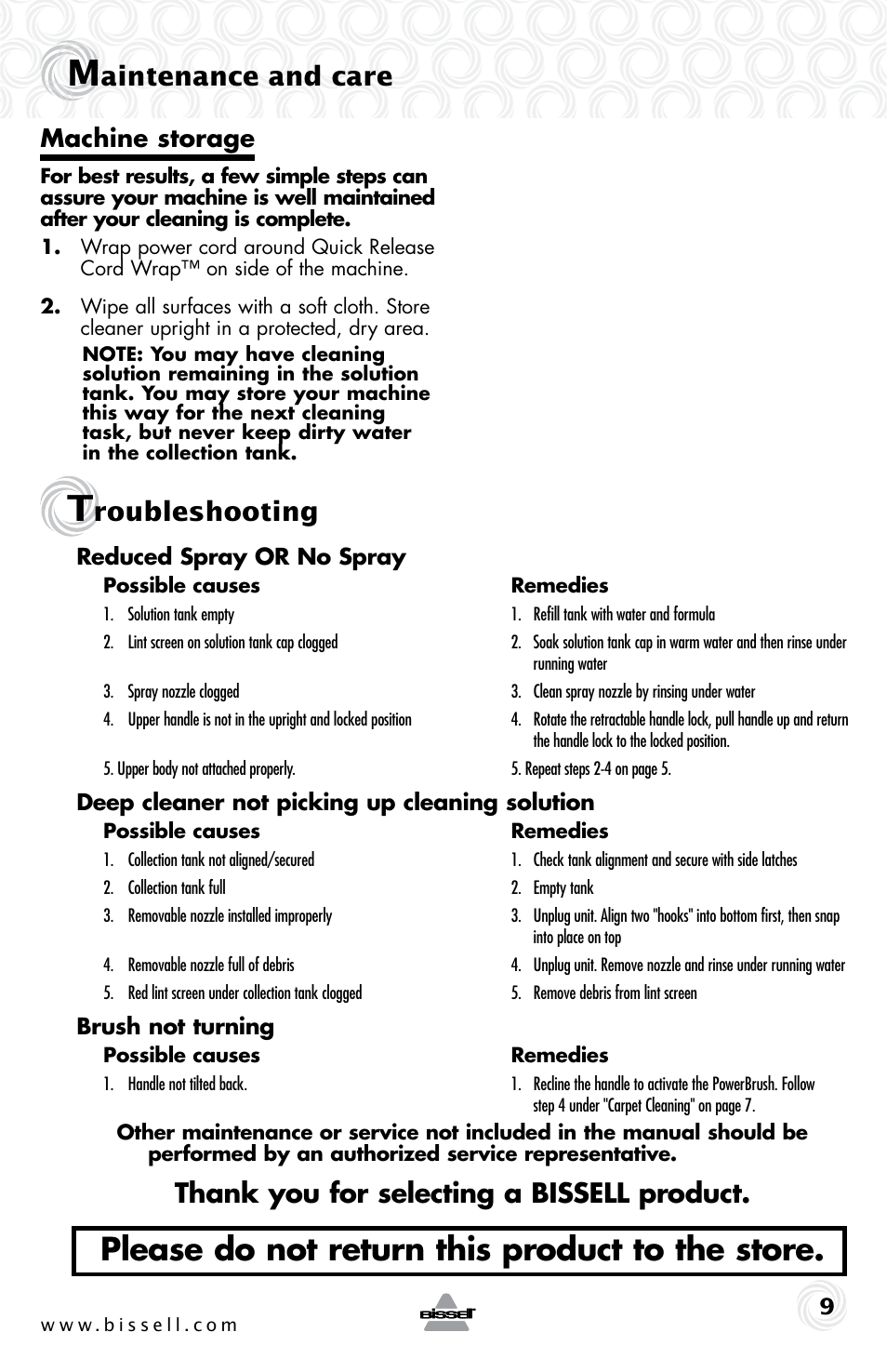 Please do not return this product to the store, Aintenance and care, Roubleshooting | Machine storage | Bissell 20W7E User Manual | Page 9 / 12