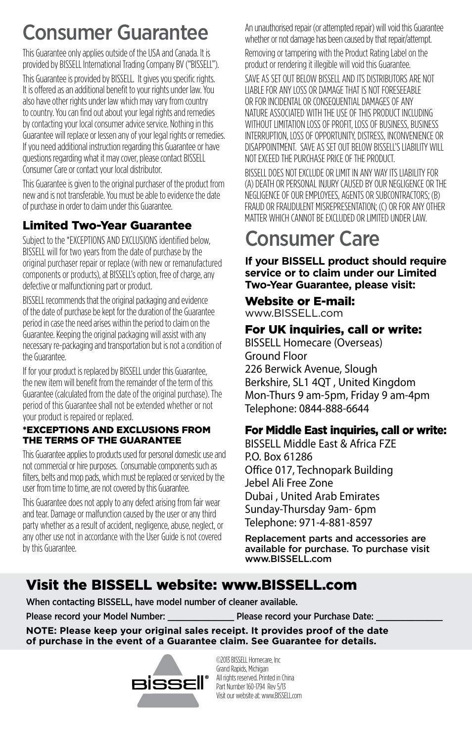 Consumer guarantee, Consumer care | Bissell 81N7E User Manual | Page 10 / 10