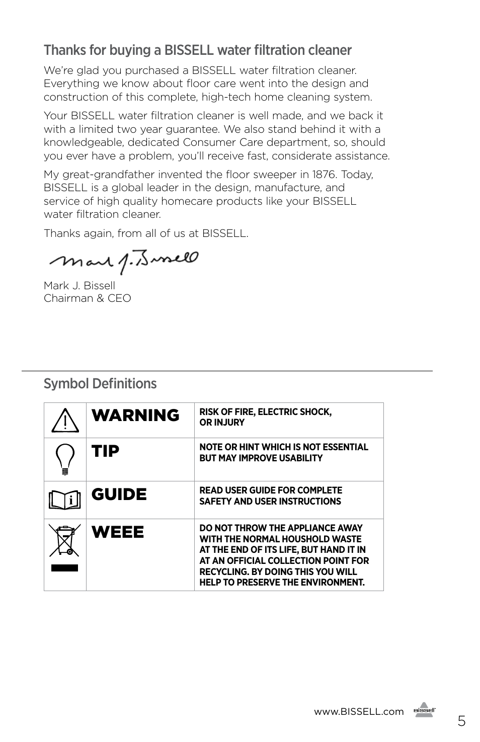 Warning, Guide, Weee | Symbol definitions | Bissell 81N7E User Manual | Page 5 / 10