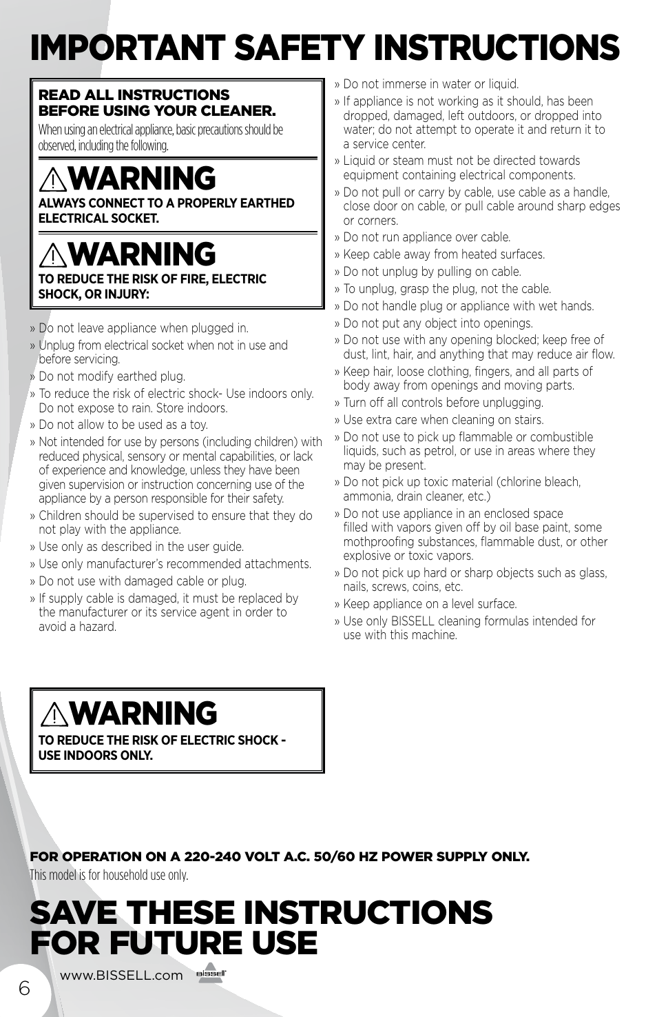 Important safety instructions, Warning, Save these instructions for future use | Bissell 81N7E User Manual | Page 6 / 10