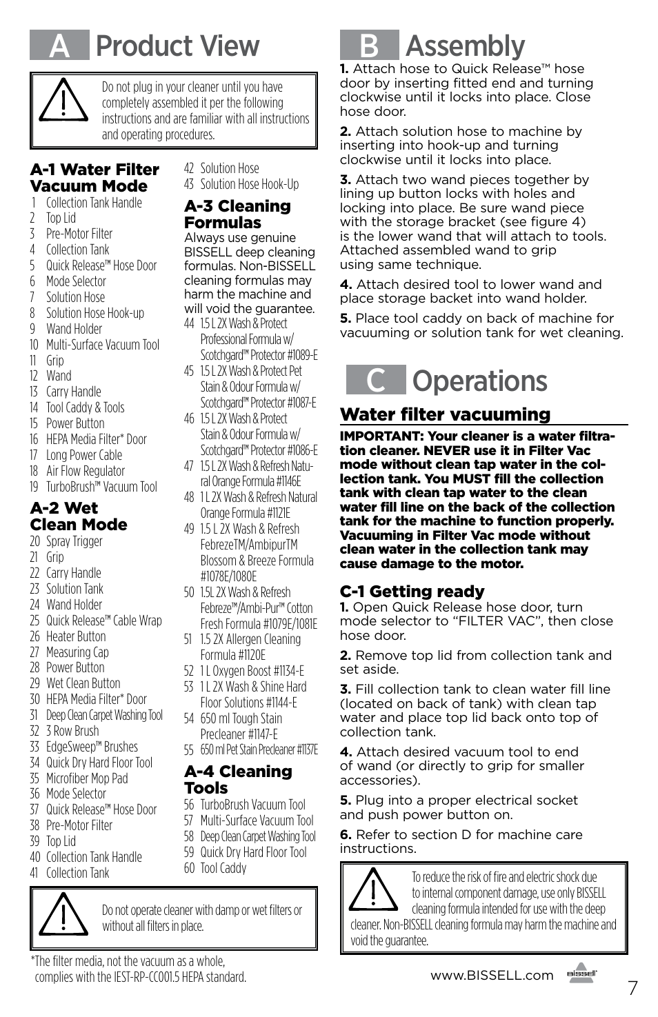 Product view, Assembly, Operations | Water filter vacuuming | Bissell 81N7E User Manual | Page 7 / 10