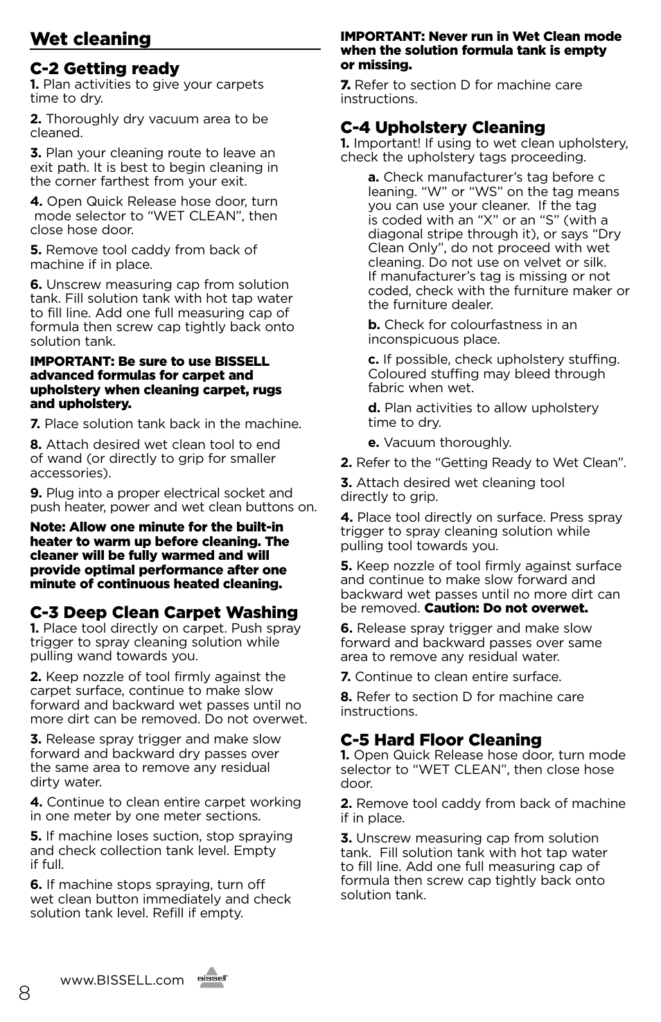 Wet cleaning, C-2 getting ready, C-3 deep clean carpet washing | C-4 upholstery cleaning, C-5 hard floor cleaning | Bissell 81N7E User Manual | Page 8 / 10