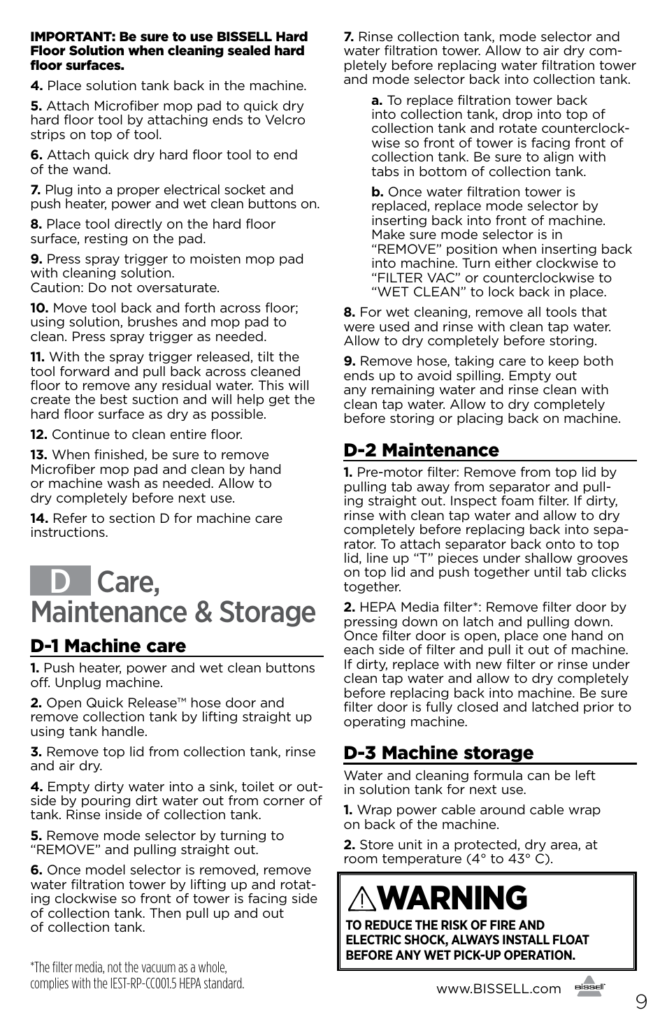 Warning, Care, maintenance & storage, D-1 machine care | D-2 maintenance, D-3 machine storage | Bissell 81N7E User Manual | Page 9 / 10