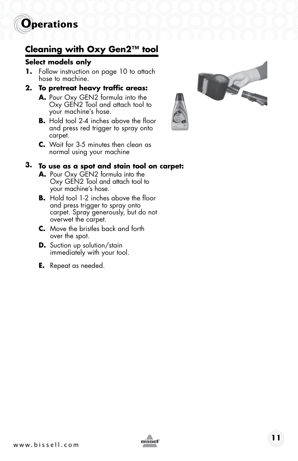 Perations, Cleaning with oxy gen2™ tool | Bissell 48F3ER User Manual | Page 11 / 20