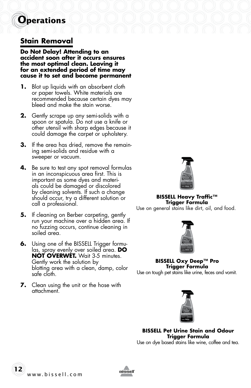 Perations, Stain removal | Bissell 48F3ER User Manual | Page 12 / 20