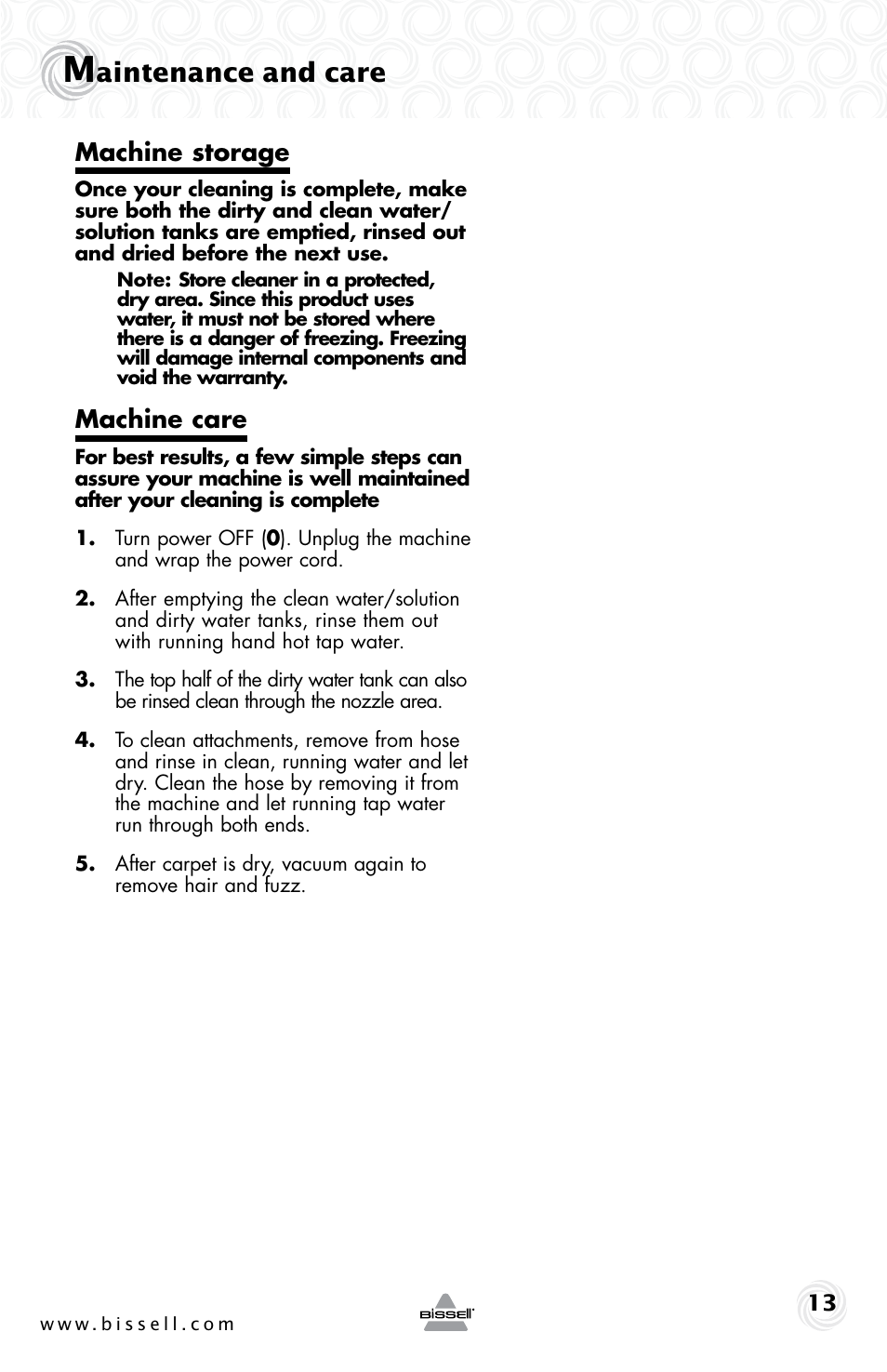 Aintenance and care, Machine storage, Machine care | Bissell 48F3ER User Manual | Page 13 / 20