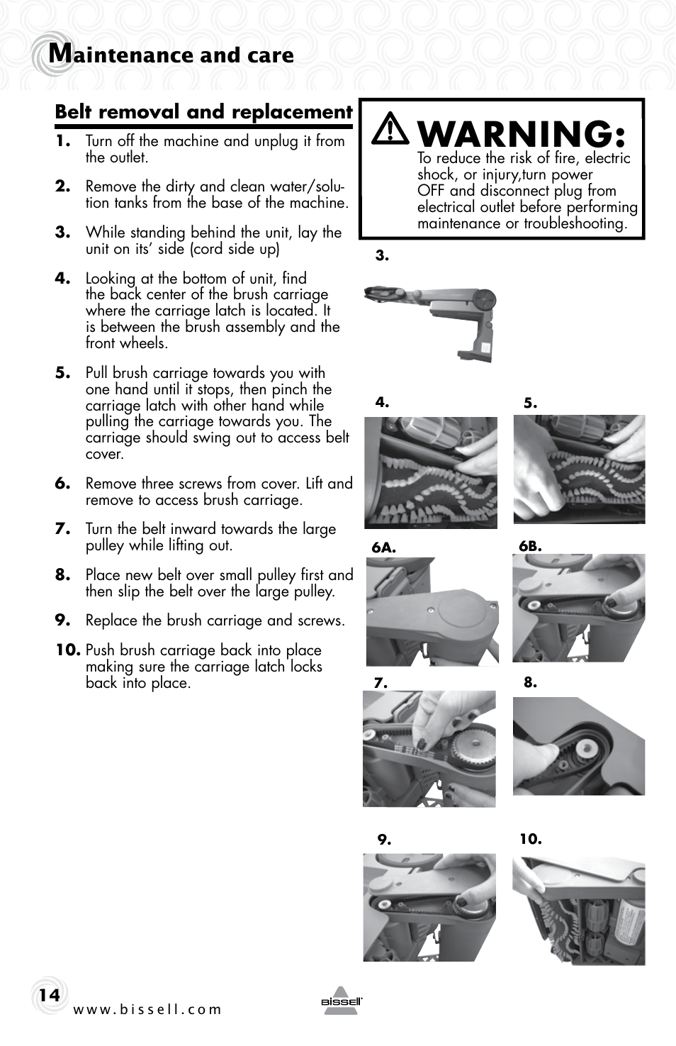 Warning, Aintenance and care, Belt removal and replacement | Bissell 48F3ER User Manual | Page 14 / 20