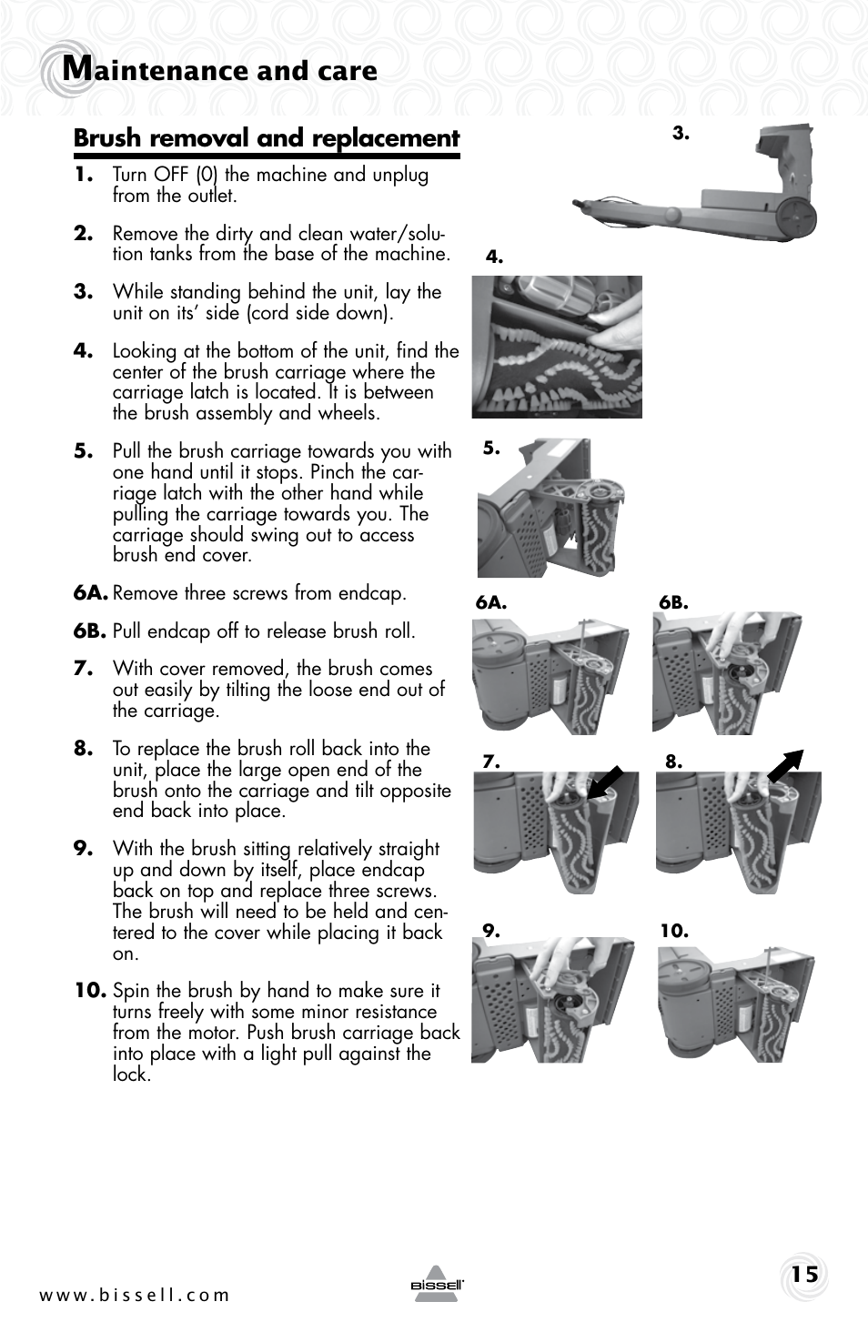 Aintenance and care, Brush removal and replacement | Bissell 48F3ER User Manual | Page 15 / 20