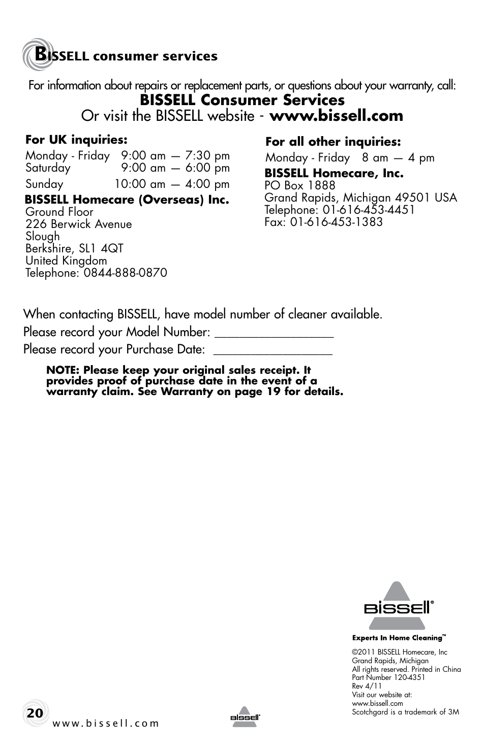 Bissell consumer services | Bissell 48F3ER User Manual | Page 20 / 20