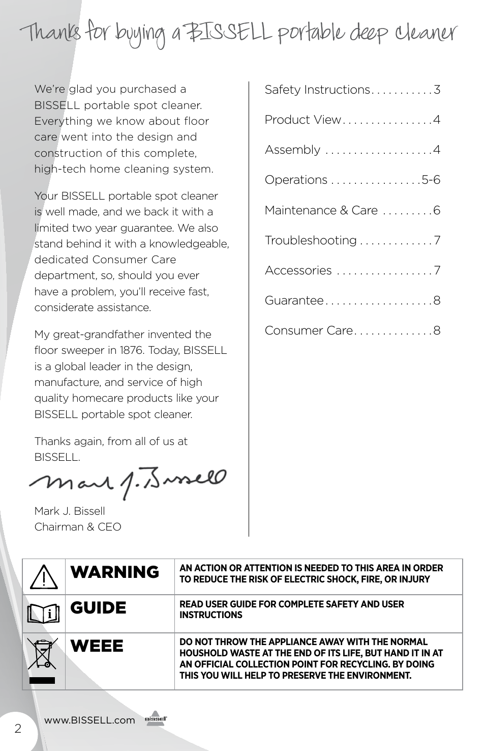 Warning, Guide, Weee | Bissell 3698E User Manual | Page 2 / 8