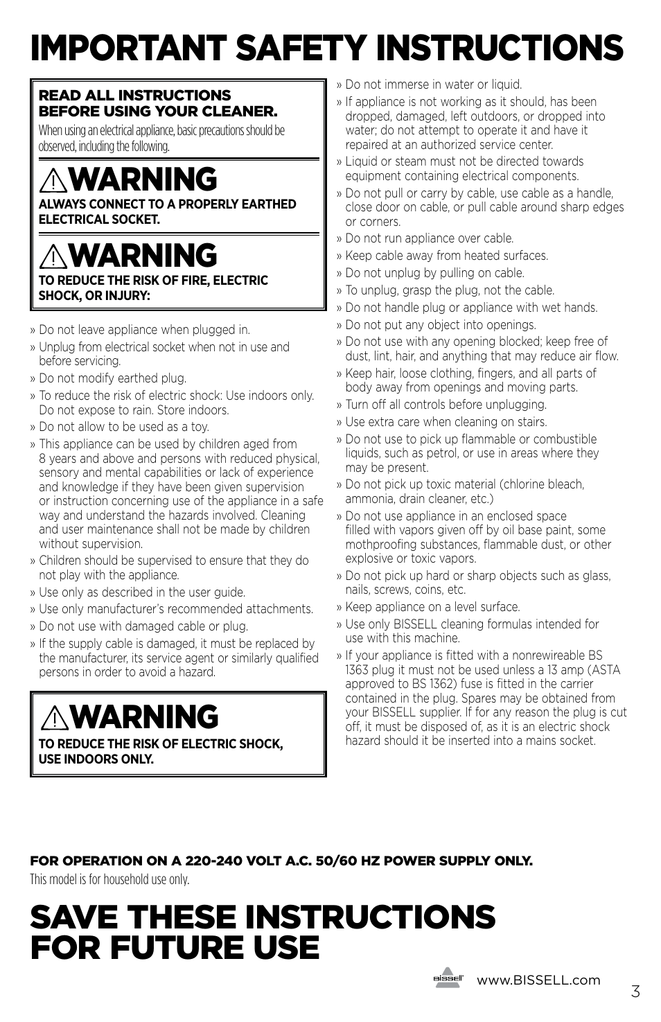 Important safety instructions, Warning, Save these instructions for future use | Bissell 3698E User Manual | Page 3 / 8
