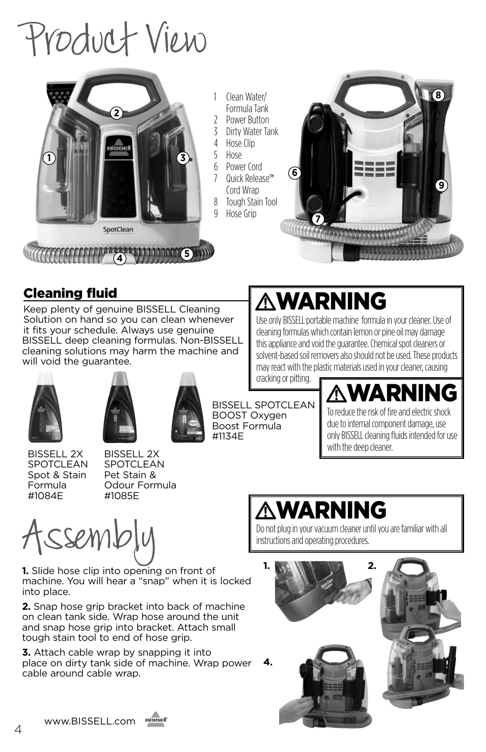 Product view, Assembly, Warning | Bissell 3698E User Manual | Page 4 / 8