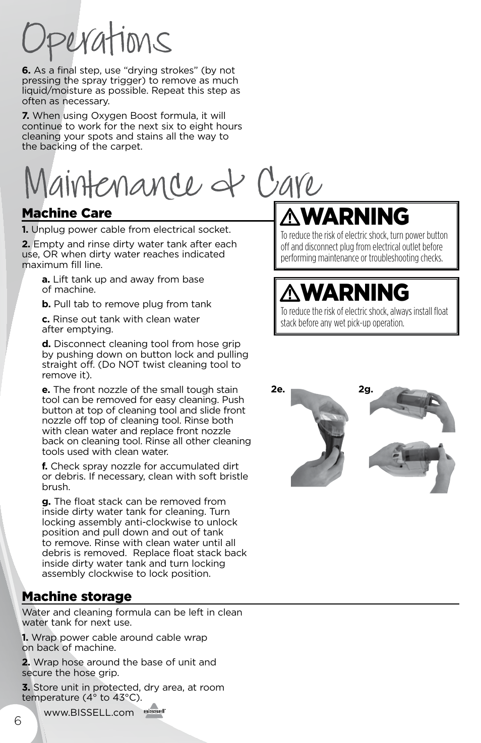 Operations, Maintenance & care, Warning | Machine care, Machine storage | Bissell 3698E User Manual | Page 6 / 8