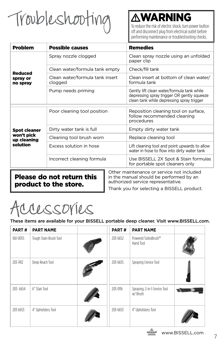 Troubleshooting, Accessories, Warning | Please do not return this product to the store | Bissell 3698E User Manual | Page 7 / 8