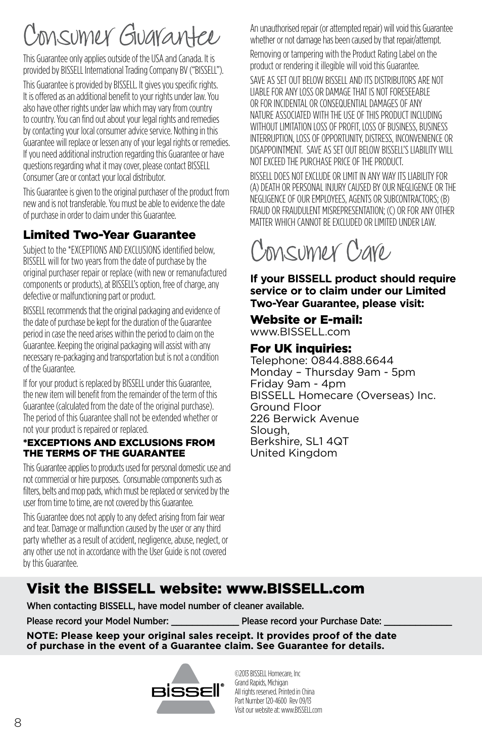 Consumer guarantee, Consumer care | Bissell 3698E User Manual | Page 8 / 8