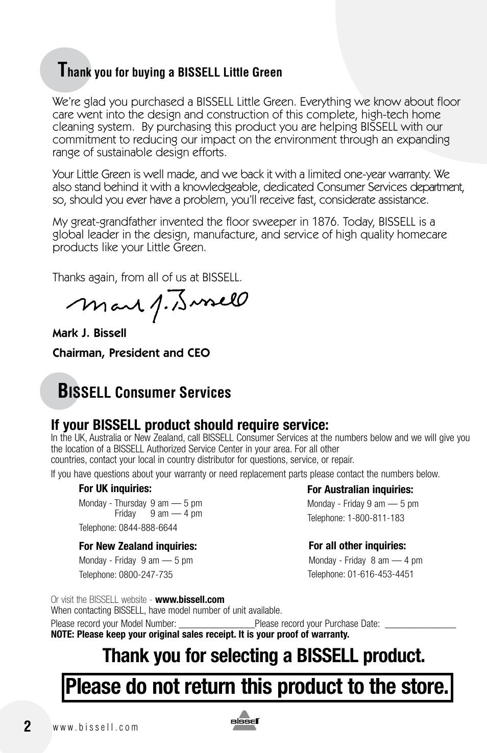 Please do not return this product to the store, Issell consumer services, If your bissell product should require service | Bissell 30K4E User Manual | Page 2 / 8