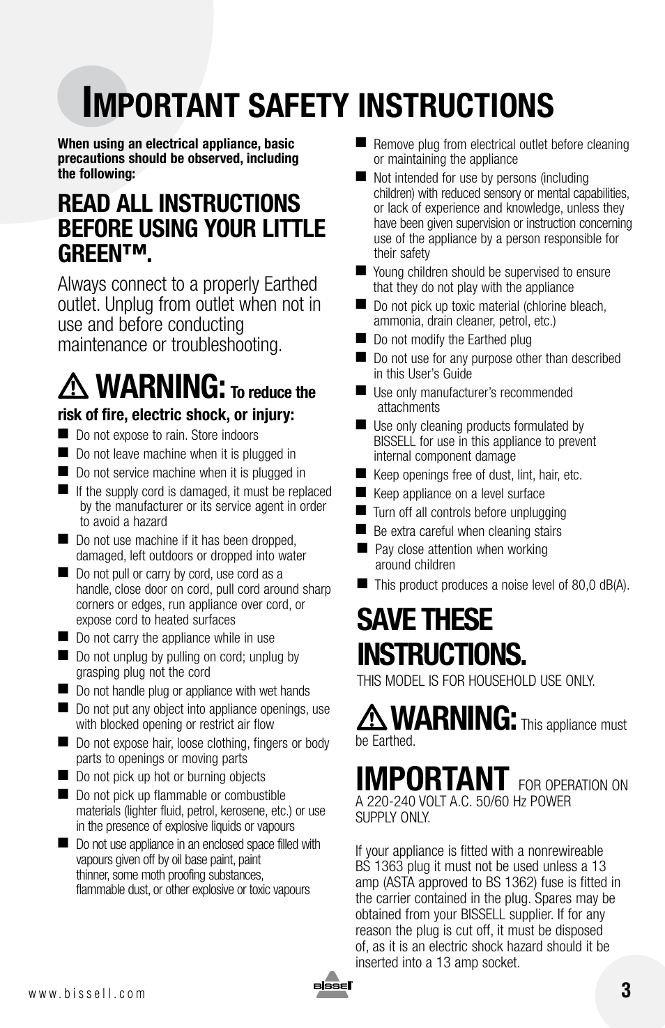 Mportant safety instructions, Warning, Important | Save these instructions | Bissell 30K4E User Manual | Page 3 / 8