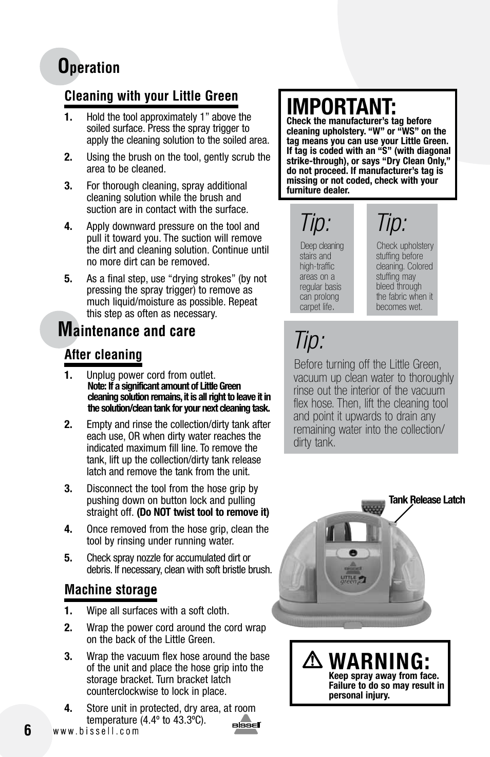 Important, Warning, Peration | Aintenance and care | Bissell 30K4E User Manual | Page 6 / 8