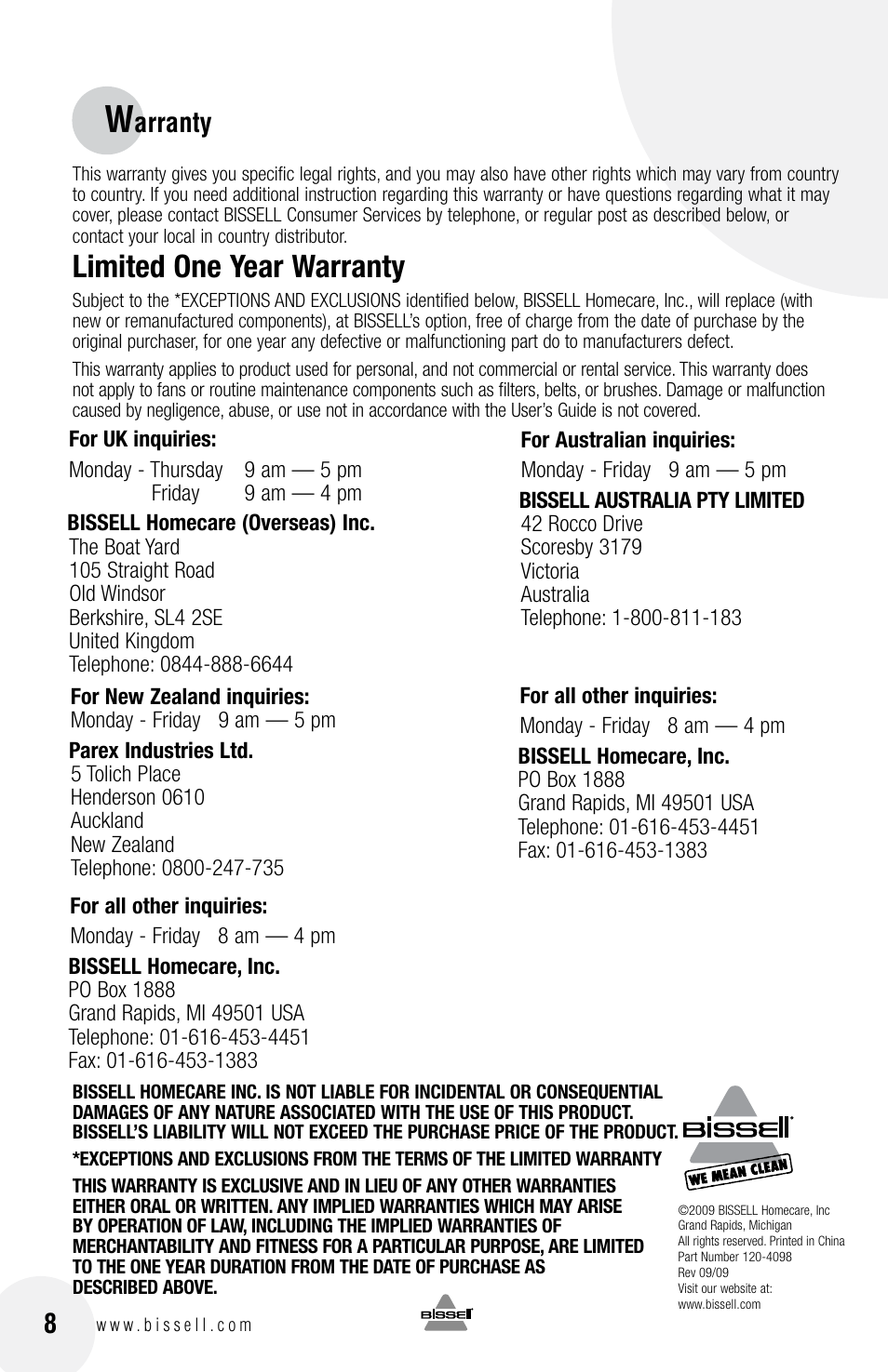 Limited one year warranty, Arranty | Bissell 30K4E User Manual | Page 8 / 8