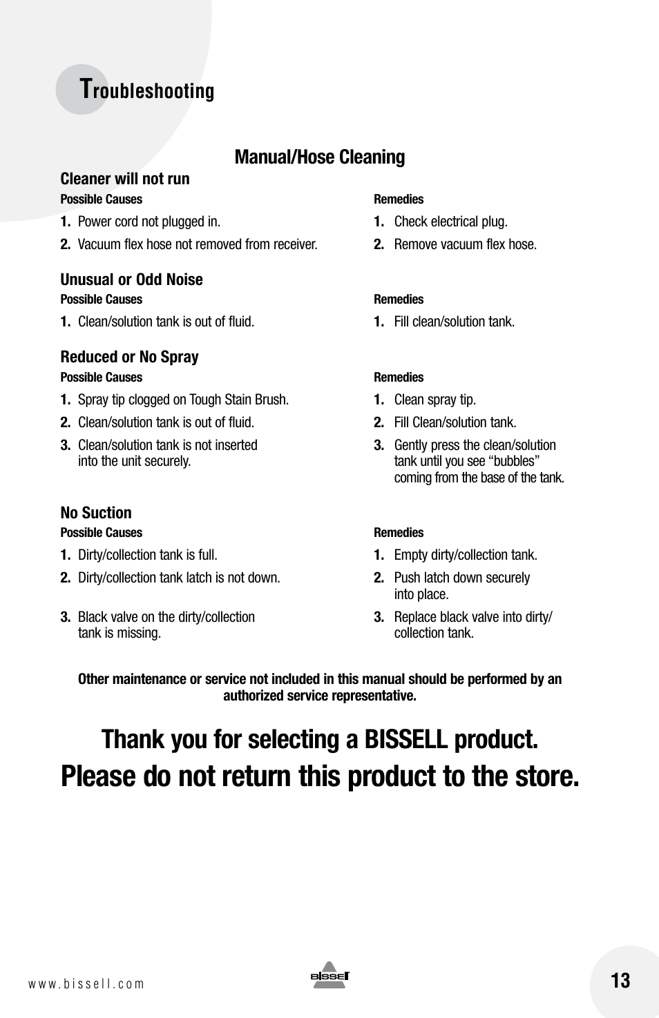 Please do not return this product to the store, Roubleshooting manual/hose cleaning | Bissell Spot Bot  88D6 series User Manual | Page 13 / 16